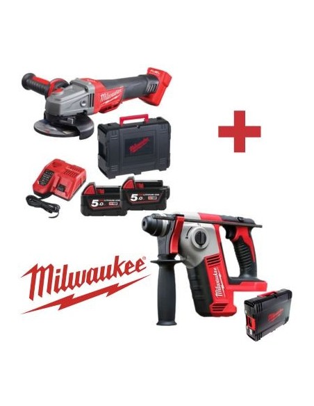 KIT MILWAUKEE M18 (AM45 + MA1133) AMOLADORA 125MM + 2 BATERIAS 18V 5AH + CARGADOR + MARTILLO PERECUTOR SDS-PLUS(NETO)