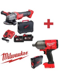 KIT MILWAUKEE M18 (AM45 + LL574) AMOLADORA 125MM + 2 BATERIAS 18V 5AH + CARGADOR +  LLAVE IMPACTO 3/4(2034NM)(NETO)
