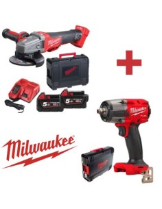 KIT MILWAUKEE M18 (AM45 + LL562) AMOLADORA 125MM + 2 BATERIAS 18V 5AH + CARGADOR + LLAVE IMPACTO 1/2 (881NM)(NETO)