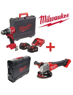 KIT MILWAUKEE M18 (TAMI3 + AM39) TALADRO PERCUTOR CBLPD 60NM + 2 BATERIAS 18V 4AH + CARGADOR + AMOLADORA 125MM(NETO)