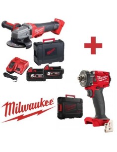 KIT MILWAUKEE M18 (AM45 + LL564) AMOLADORA 125MM + 2 BATERIAS 18V 5AH + CARGADOR + LLAVE IMPACTO 1/2(339NM)