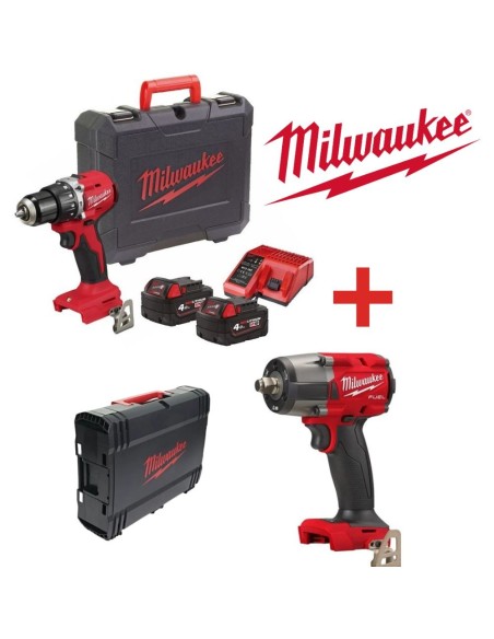 KIT MILWAUKEE M18 (TAMI3 + LL562) TALADRO PERCUTOR CBLPD 60NM + 2 BATERIAS 18V 4AH + CARGADOR + LLAVE IMPACTO 1/2 (881NM)(NETO)