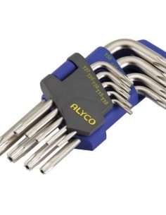 JUEGO 9 LLAVES TORX ACODADAS INVIOLABLES CR V NIQUELADAS EN SOPORTE PLASTICO T 10 A T 50 ALYCO 193290 2